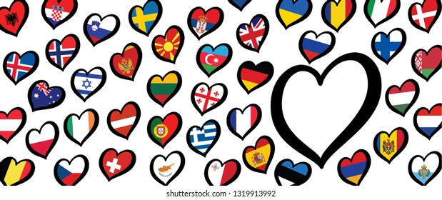 Empty flag and different countries flags with heart flags logo. For Europe, eurovision music song festival, contest. Music songs for vision dreams. Vector euro TV icon pattern. 