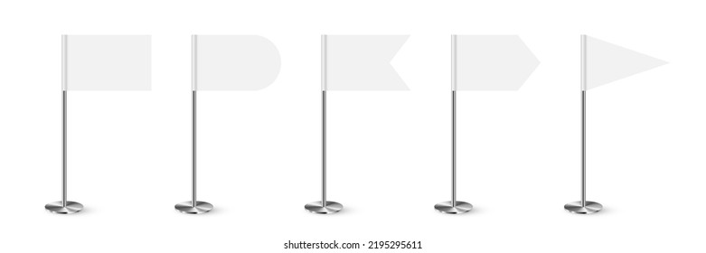 Empty flags of different shapes on 3d metal pole set vector illustration. Realistic steel or chrome cylinder pillar on base with fabric or paper horizontal blank templates isolated on white background