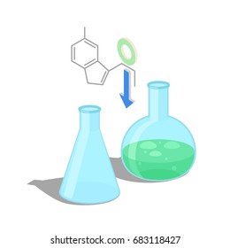 Empty flask and with green chemical substance inside isolated vector illustration on white background. Formula of organic compound above equipment.