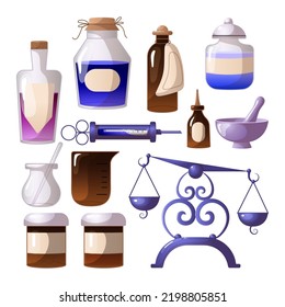 Barnices vacíos y material apolítico conjunto de ilustraciones de dibujos animados. Viejos vasos vintage y viales con pociones de hierbas. Jares retro para mezclas o elixir. Terapia, alquimia, farmacia, concepto de medicina
