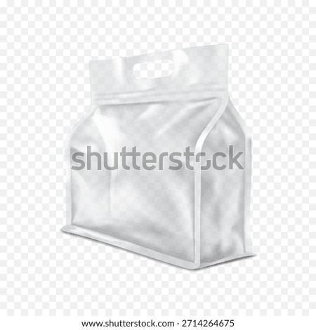 Empty flat bottom side gusseted clear plastic poly bag with die cut handle. Realistic 3d vector mockup. Carrying hole transparent pouch package. Mock-up. Hanging polythene packet. Template for design