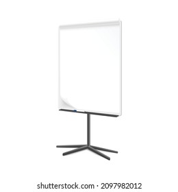 Empty flip chart on tripod stand in realistic style, vector illustration isolated on white background. Whiteboard with paper and marker for presentations, seminars or conferences.