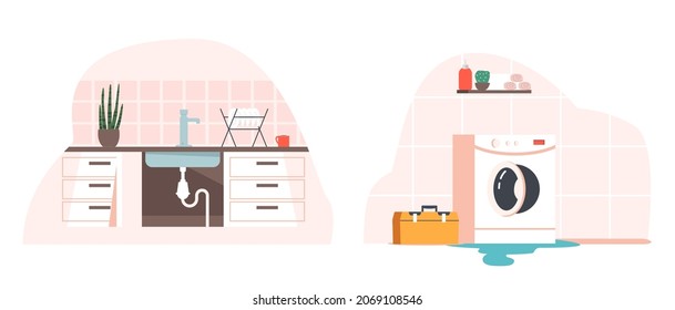Empty Flooded Bathroom and Kitchen Interior. Leaking Washing Machine, Furniture, Sink ,and Shelf with Accessories, Water on Floor, Home Accident Concept Background. Cartoon Vector Illustration