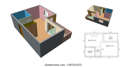 Empty floor plan. Isolated on white background. 3d Vector illustration. Different viewes.