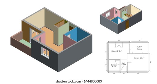 Empty floor plan. Isolated on white background. 3d Vector illustration. Different viewes. Isometric projection.