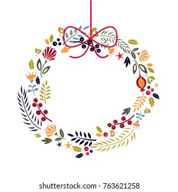 Empty floral wreath with a bow. Vector illustration