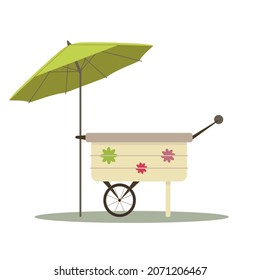 Contador de flores vacío. Carro bajo un paraguas. Ilustración del vector sobre fondo blanco