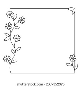 empty flower frame for publication, black outline, white background, branch with flowers and leaves, spring theme, romantic mood, flat vector illustration