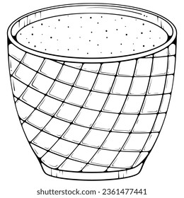 Empty flower pot for succulent with geometric patterns. Planter for indoor plants. Vector black illustrations in hand drawn sketch doodle style isolated on white. Garden tools.