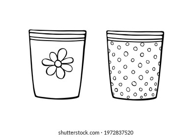 Empty flower pots for indoor plants and flowers. Hand drawn simple black outline vector illustration in doodle style, isolated. Design element, clip art for decoration, coloring page