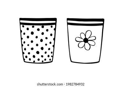 Empty flower pots for indoor plants and flowers. Hand drawn simple black outline vector illustration in doodle style, isolated. Design element, clip art for decoration, coloring page
