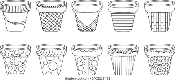 Empty flower pots set, isolated on white background. Vector hand drawn sketch illustration. Plants containers collection