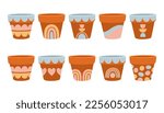 Empty flower pots set vector design illustration isolated on white, different painted terracotta pots