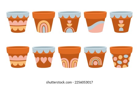 Empty flower pots set vector design illustration isolated on white, different painted terracotta pots