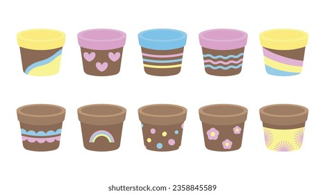 Empty flower pots set vector design illustration isolated on white, different painted terracotta pots