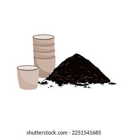 Empty flower pots and the soil pile, spring gardening concept. Vector illustration isolated on white background.