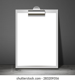 Empty flyer design for your project. White paper standing on the surface and releases a shadow on the wall. It can be used for your presentations, posters, flyers and magazines. Vector illustration