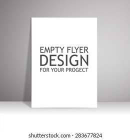 Empty flyer design for your project. White paper standing on the surface and releases a shadow on the wall. It can be used for your presentations, posters, flyers and magazines. Vector illustration