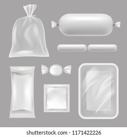 Empty food packages. Vector realistic pictures of polyethylene packages. Illustration of polyethylene realistic for food, container for candy and condom