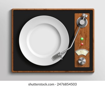 Empty food plate on record player. Weight loss and healthy eating. Stock vector illustration