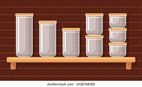 Empty food storage containers on brick wall background. Set of sealed plastic transparent boxes for dry bulk products on wooden shelf. Kitchen interior design element. Vector colorful illustration