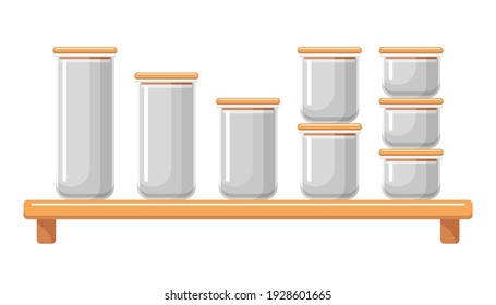 Empty food storage containers set. Sealed plastic transparent boxes for dry bulk products on wooden shelf. Kitchen interior design element. Vector flat illustration isolated on white background