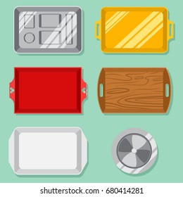 Empty food tray set: plastic, wooden, gold, silver, cloche, for fast food, school cafeteria and breakfast. Vector flat illustration of plates for serving meal, top view.
