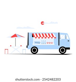 Empty Food Truck Scene In Flat Vector Illustration Symbolizing Street Food Service, Dining Spot, And Urban Food Culture, Isolated On White Background