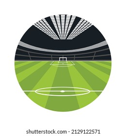 Empty football field, side view color image from perspective. Vector illustration in a circle