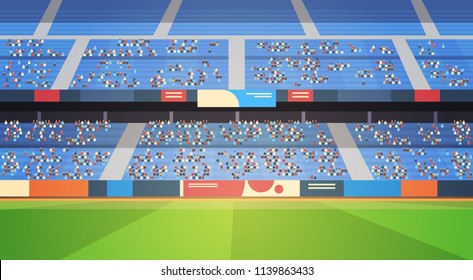 empty football stadium field arena filled tribunes before start match flat horizontal vector illustration