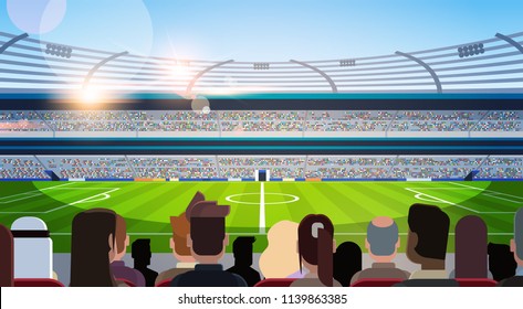 empty football stadium field silhouettes of fans waiting match rear view flat horizontal vector illustration