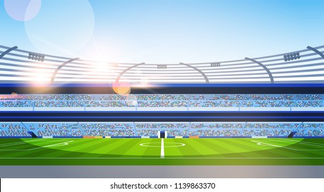 empty football stadium field view sunset flat horizontal vector illustration