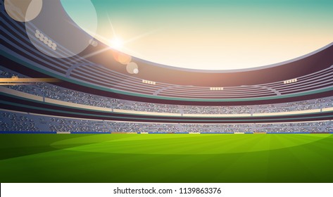 empty football stadium field view sunset flat horizontal vector illustration