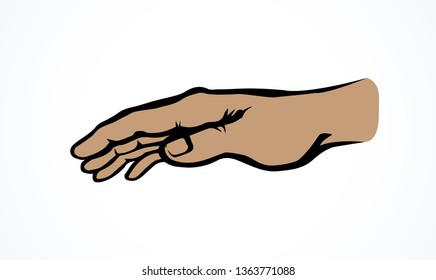 Empty Forearm Stretch Help On White Space For Text. Lord Show Care Pictogram. Muslim Concept Line Logo. Outline Black Drawn Old Monk Fold Body Emblem In Retro Art Doodle Cartoon Style. Closeup View