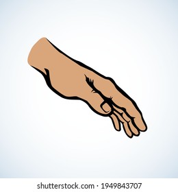 Empty Forearm Stretch Help On White Space For Text. Lord Show Care Pictogram. Muslim Concept Line Logo. Outline Black Drawn Old Monk Fold Body Emblem In Retro Art Doodle Cartoon Style. Closeup View