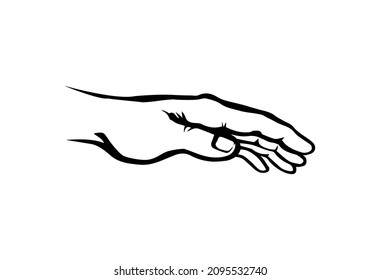 Empty Forearm Stretch Help On White Space For Text. Lord Show Care Pictogram. Muslim Concept Line Logo. Outline Black Drawn Old Monk Fold Body Emblem In Retro Art Doodle Cartoon Style. Closeup View