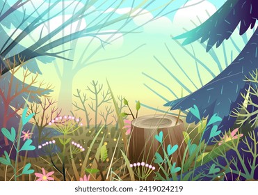 Paisaje forestal vacío con flores de pino y arbusto. Ilustración de la selva para niños. Papel pintado de color de primavera o verano. Caricatura vectorial dibujada a mano en estilo acuarela.