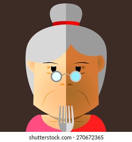 The empty fork show in front of old woman face at the mouth position with foot mark make by half color style vector (EPS10 art vector)