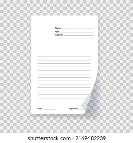 Empty form paper page a3 template, realistic note mockup. Blank realistic a4 format. White sheet document for business or education. Personal data, shadow on transparent background vector illustration