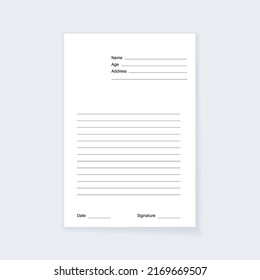 Empty form paper page, a3 template, realistic note mockup. Blank realistic a4 format. White sheet document for business or education. Personal data, shadow on white background vector illustration