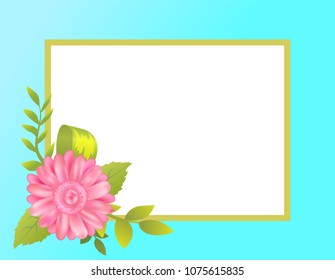 Empty frame decorated by pink daisy flower with green spring leaves vector illustration greeting border springtime blossom isolated on blue backdrop