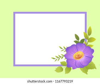 Empty frame decorated by purple viola flower with yellow middle vector illustration greeting border with cute spring blossom isolated on green backdrop