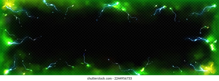 Empty frame decorated with neon green toxic smoke and lightning discharges isolated on transparent background. Realistic vector illustration of rectangular border glowing in darkness. Design element