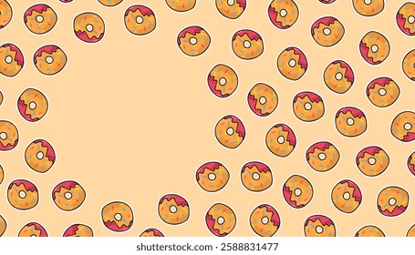 an empty frame with donuts and a cake. advertisement. space for the text. advertisement. Beautiful sweet pattern. a sweet donut. A pattern for packing sweets. package. let's apply a beautiful pattern.