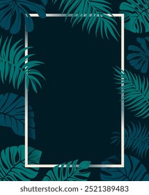 Empty frame with flat tropical leaves. Exotic banner with copy space for your text. Dark blue and turquoise colours. Night rainforest background. Vector background. 