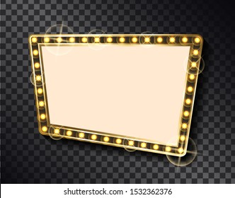Empty frame with lights vector, blank banner with bulbs isolated on transparent background. Premium quality sparkling and shining borders of square