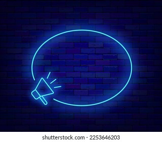 Empty frame with megaphone neon icon. Idea and news concept. Copy space. Shiny simple banner. Creative design. Glowing flyer. Luminous advertising label. Editable stroke. Vector stock illustration