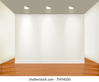 Empty frame on wall with spot lights and wood background. Vector illustration.