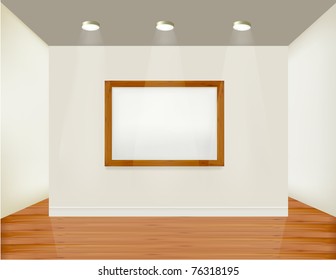 Leerer Rahmen auf der Wand mit Spotlichter und Holzhintergrund. Vektorgrafik.