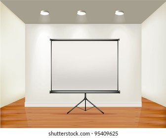 Empty frame on wall with spot lights and wood background. Vector illustration.